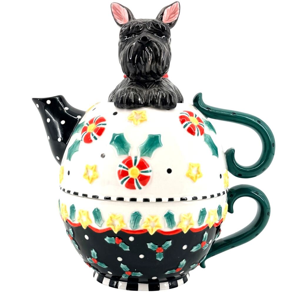Mary Engelbreit Black Scottie Dog Christmas Tea for One Stackable Teapot Cup Set